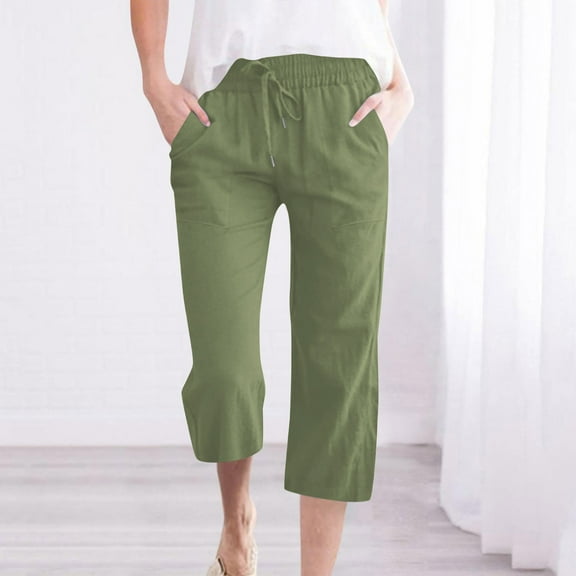 lmcalzta Capri Pants for Women Cotton Linen Casual Slacks Straight Wide Leg Loose Drawstring Elastic Waist Cropped Trouser(S-5XL)