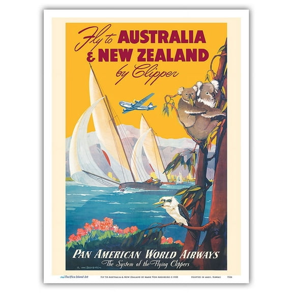 Australia & New Zealand by Clipper - Pan American World Airways - Vintage Airline Travel Poster by Mark Von Arenburg c.1950 - Master Art Print (Unframed) 9in x 12in