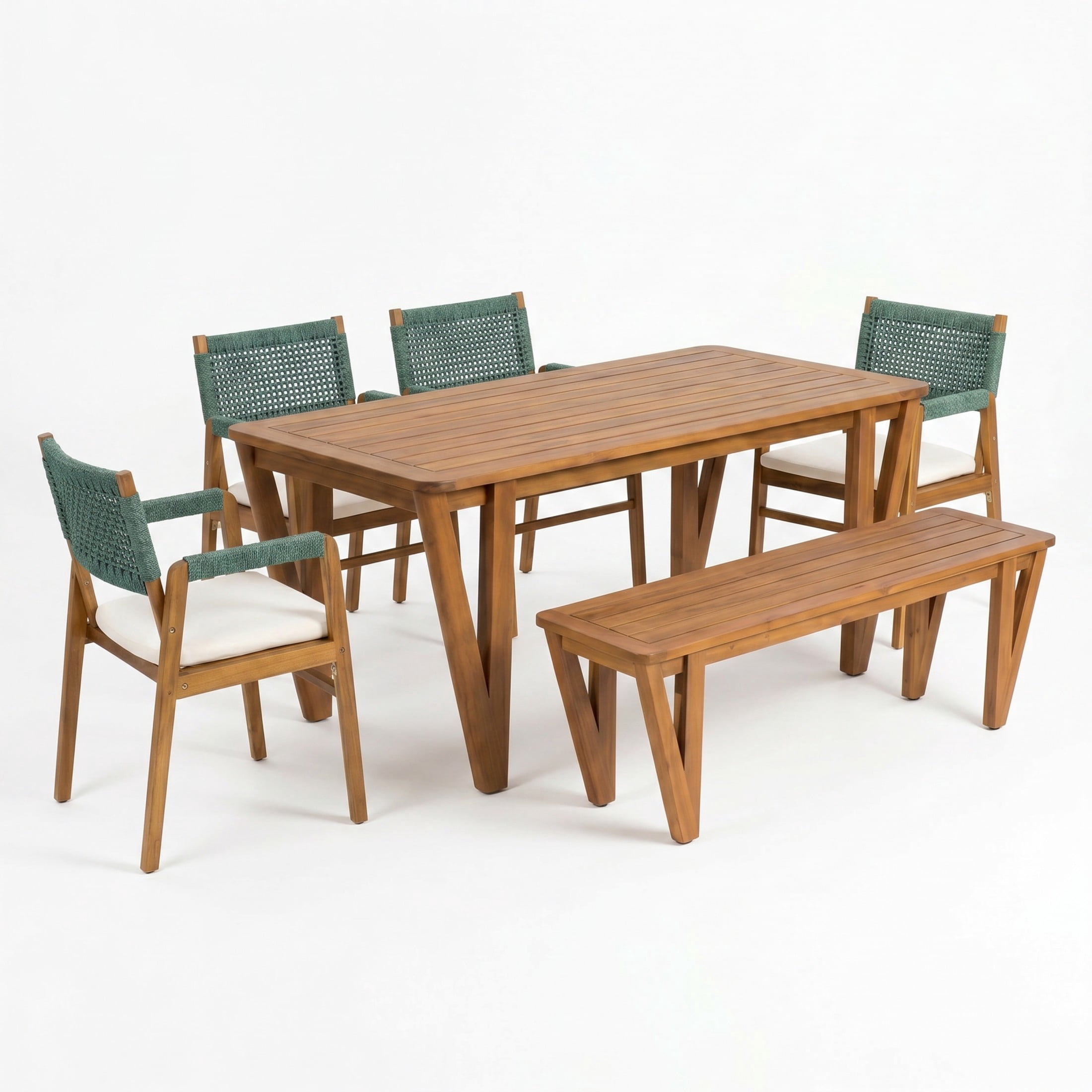 Christopher Knight Home 6-Piece Acacia Wood Patio Dining Set with Rope Chairs and Bench, Teak+Green