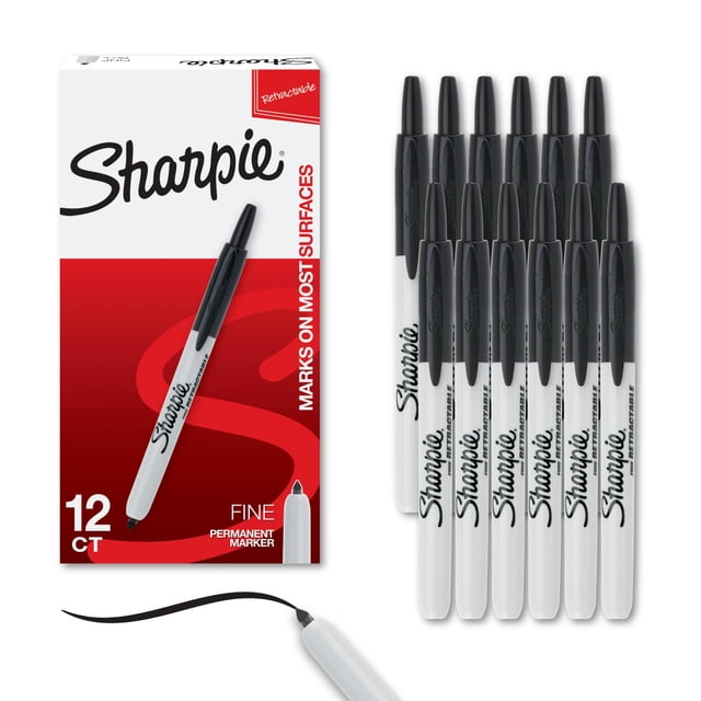 Juego de rotuladores Sharpie retráctiles permanentes con punta fina, color negro, 12