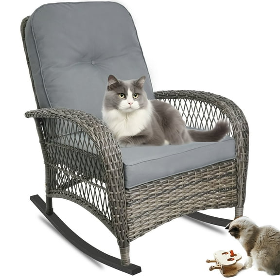 1 PC Rocking Chair Outdoor,Patio Furniture Modern Rattan Chair Conversation with Cushions & Glass Table for Garden,Backyard,Bistro.GREY