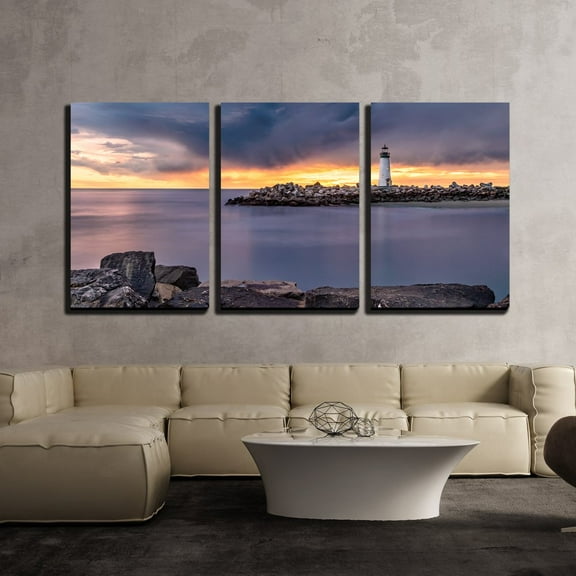 wall26 - 3 Piece Canvas Wall Art - Landscape with Lighthouse During Sunset - Modern Home Art Stretched and Framed Ready to Hang - 16"x24"x3 Panels