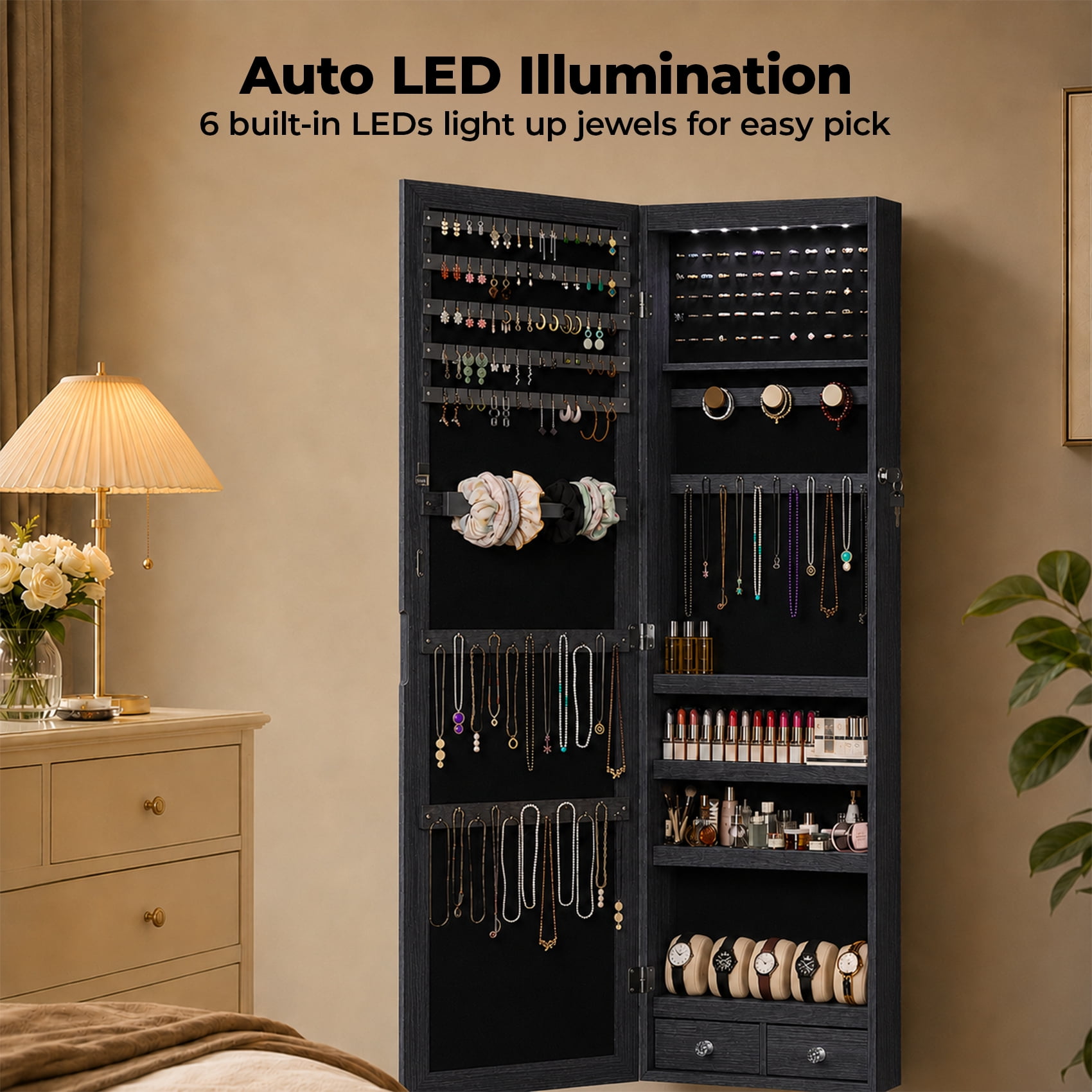 Alvantor Jewelry Organizers and Storage, 47.2-Inch Tall Lockable Wall or Door Mounted Jewelry Armoire Organizer with Mirror, 2 Drawers, 6 LEDs Mirror Jewelry Cabinet