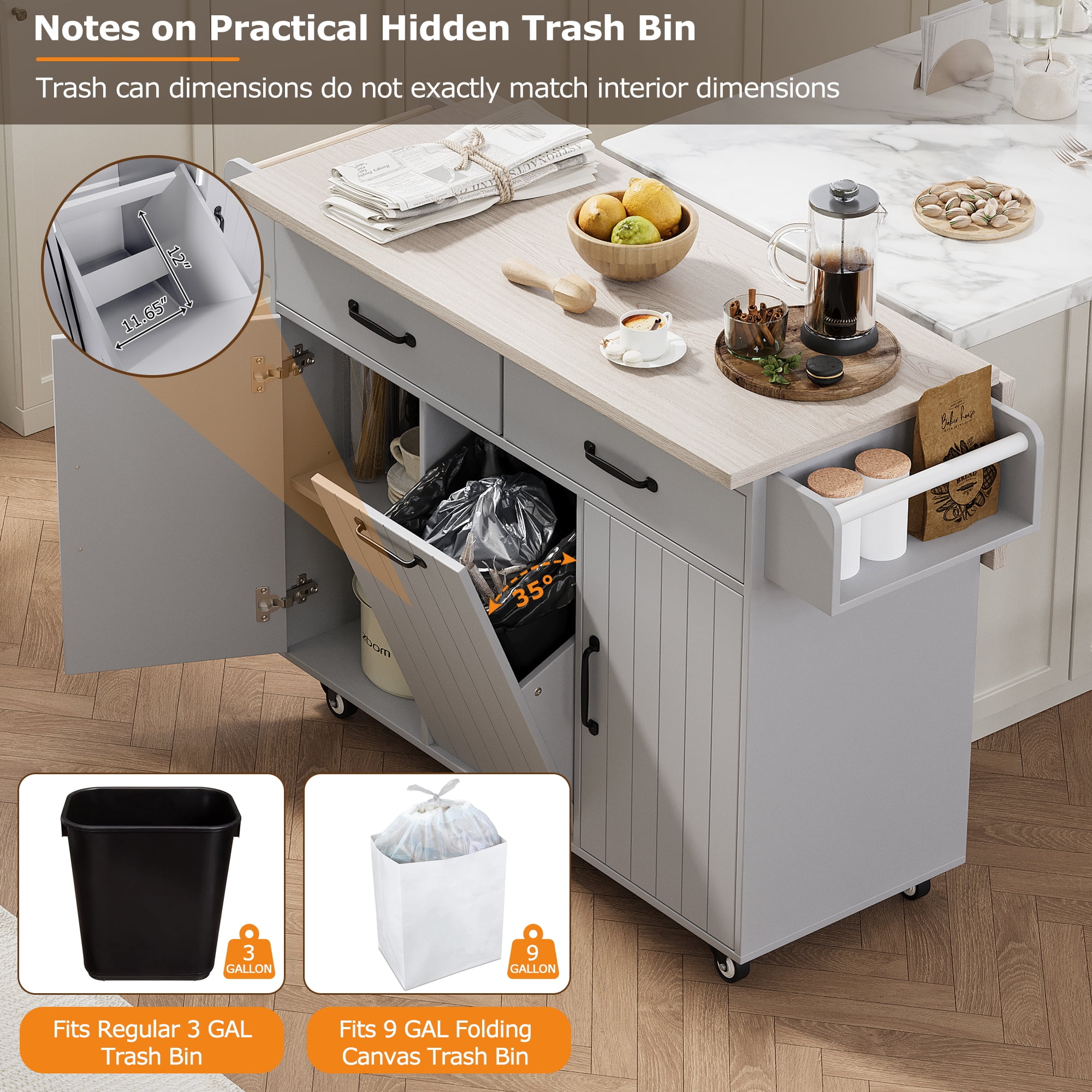 Euroco Kitchen Island Cart with Drop Leaf, Tilt-Out Trash Cabinet, Drawers and Shelves, Mobile and Stationary Options, 51” Wide