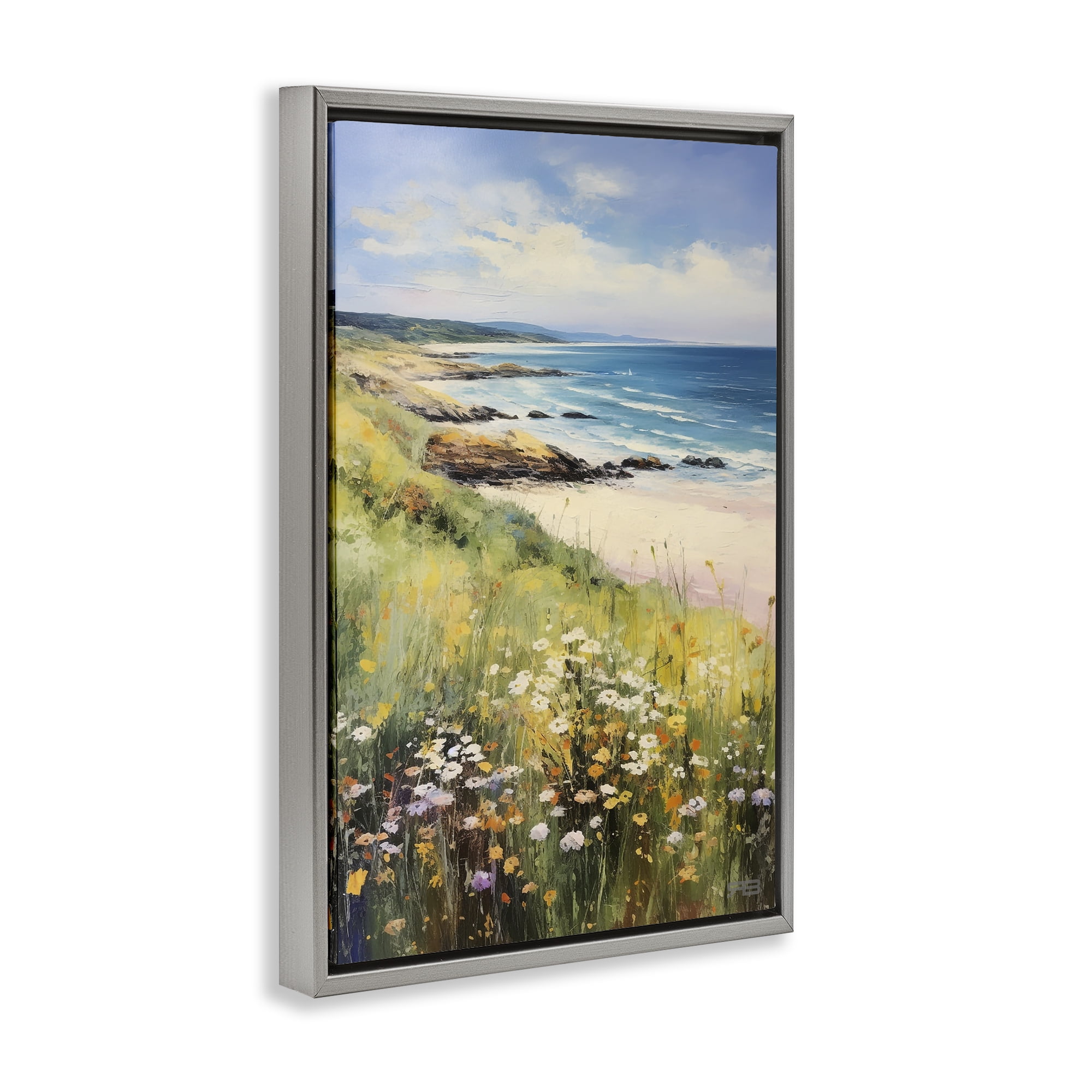 Stupell Industries Meadow Beside Beach Landscape Painting Gray Floater Framed Canvas Art Print Wall Art, 17 x 25