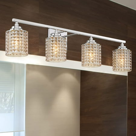 

Vanity Art Elegant Cut Crystal Glass 4 Lights Bath Vanity Light for Over Mirror Hallway Living Room | Modern Wall Lighting with Clear Glass Shade Bathroom Light Fixtures W3004CH-S02