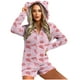 thumbnail image 1 of Mono cálido con capucha y orejas para mujer, estampado de manga larga, pantalones cortos, mono corto con cremallera, bolsillo, ropa de dormir, ropa de casa, tops de poliéster para mujer, 1 of 5