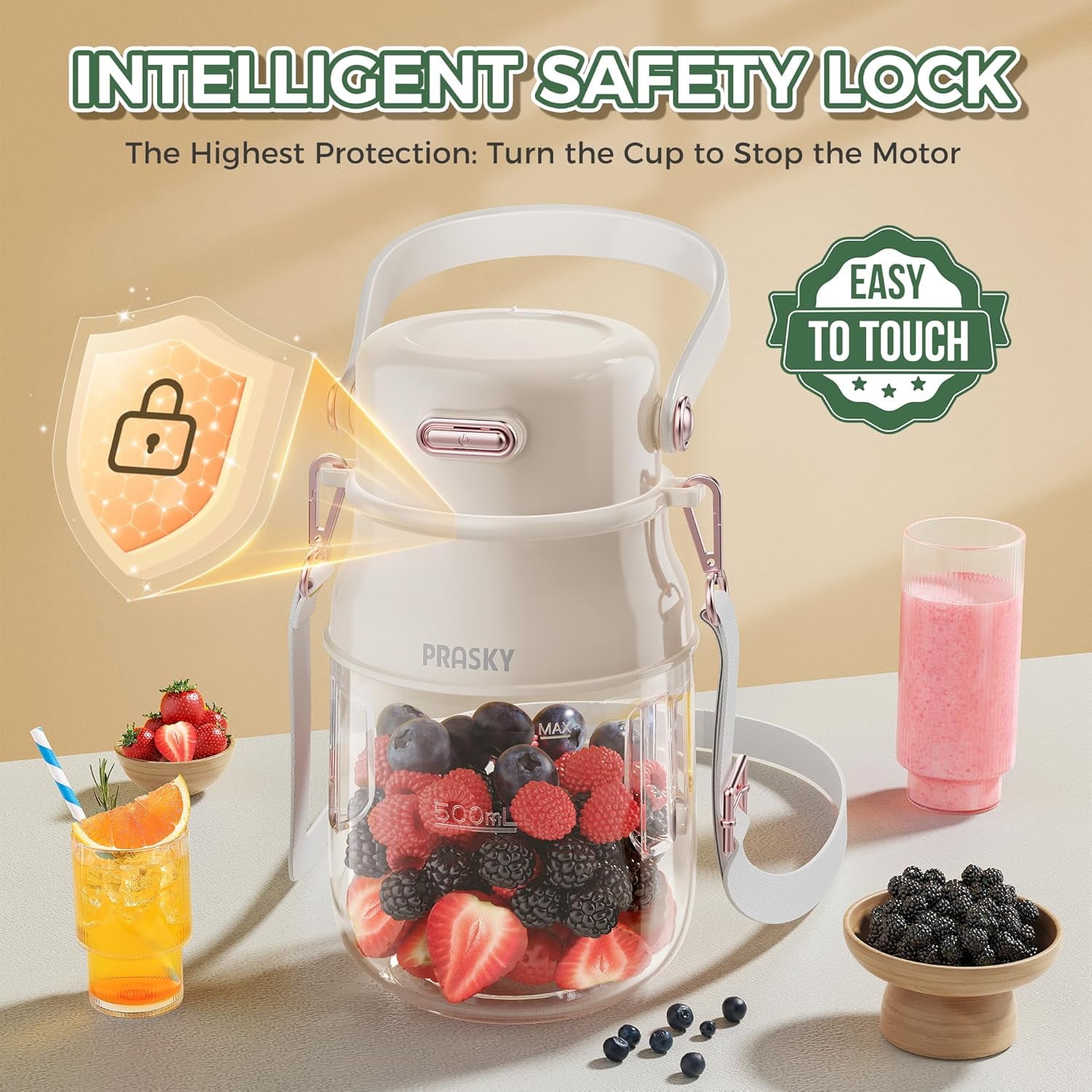 PRASKY 2-in-1 Portable Blender, BPA Free 27oz for Juicer, Smoothies and Shakes (White)