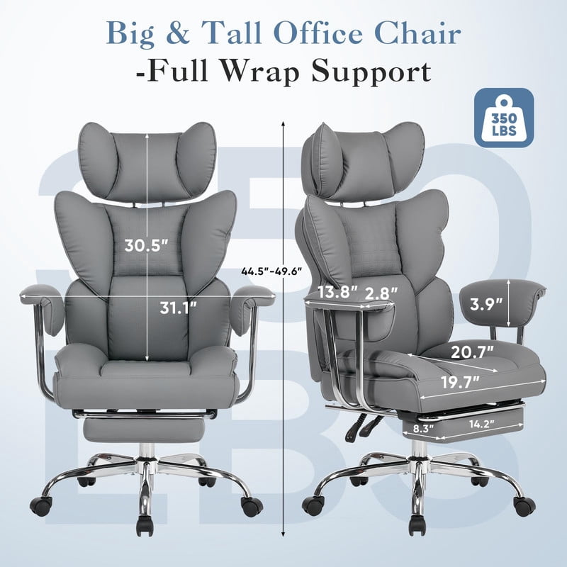 Simple Deluxe 350lbs Executive Heavy Duty Office Chair for Big & Tall, PU Leather Ergonomic Reclining Desk Chair with Footrest, Pocket Spring Cushion, Gray