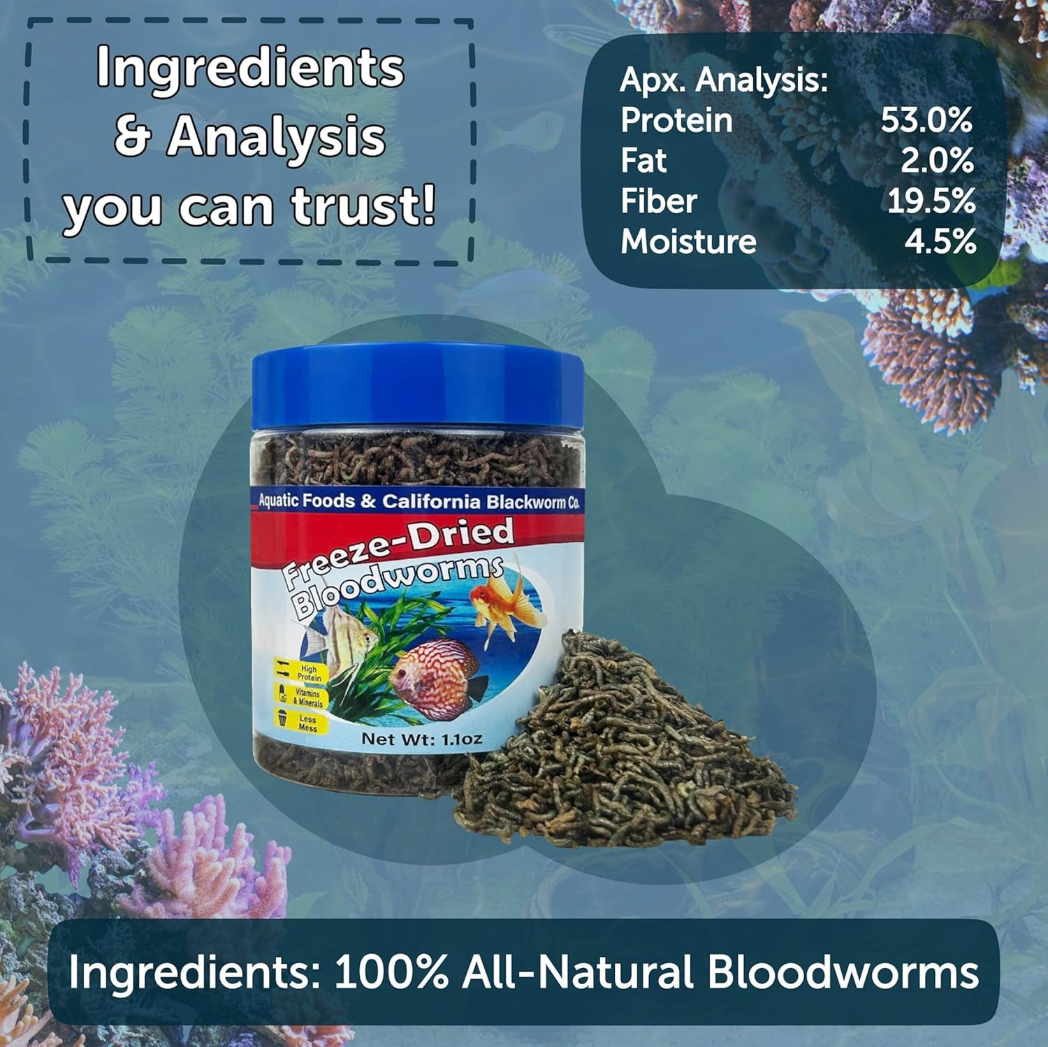 Bloodworms, Grade A Freeze Dried Bloodworms for Cichlids, Discus, Angel Marine Fish, Bettas All Tropicals Wafer & Pellet Mix Included 4.6oz Canister