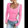 thumbnail image 1 of Camisa Básica de Punto Acanalado con Cuello en U y Larga de Color Liso para Mujer, Corte Entallado e Informal. Rosa XL, 1 of 6