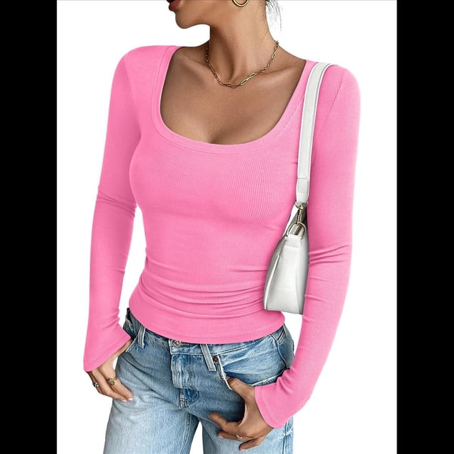 Camisa Básica de Punto Acanalado con Cuello en U y Larga de Color Liso para Mujer, Corte Entallado e Informal. Rosa XL