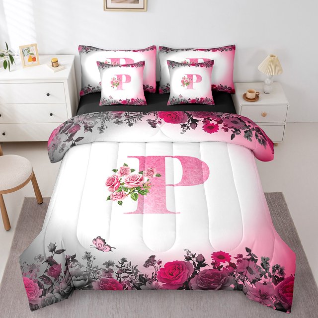 Erosebridal Literie Initiale Florale Format Grand, Ensemble de Lit Fleurs et Papillons Format Grand, Déco de Chambre pour Ados, Réversible, Léger, 7 Pcs