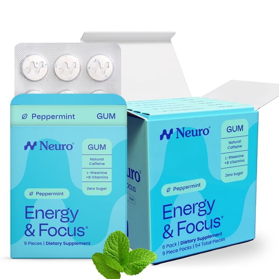 Neuro Energy & Focus Peppermint Gum 6 Pack - 40mg Natural Caffeine Gum & Nootropic Energy Supplement with L-Theanine & B Vitamins - Sugar Free, Vegan (54ct)