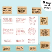 9 Piece Set of Wooden Rubber Teacher Stamps - Classroom Supplies for Grading Homework (Assorted Sizes)