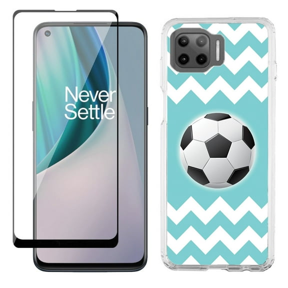 Slim-Fit Protective Phone Case compatible with Motorola Moto One 5G UW, with Tempered Glass Screen Protector, by OneToughShield ® - Chevron/Teal/Soccer