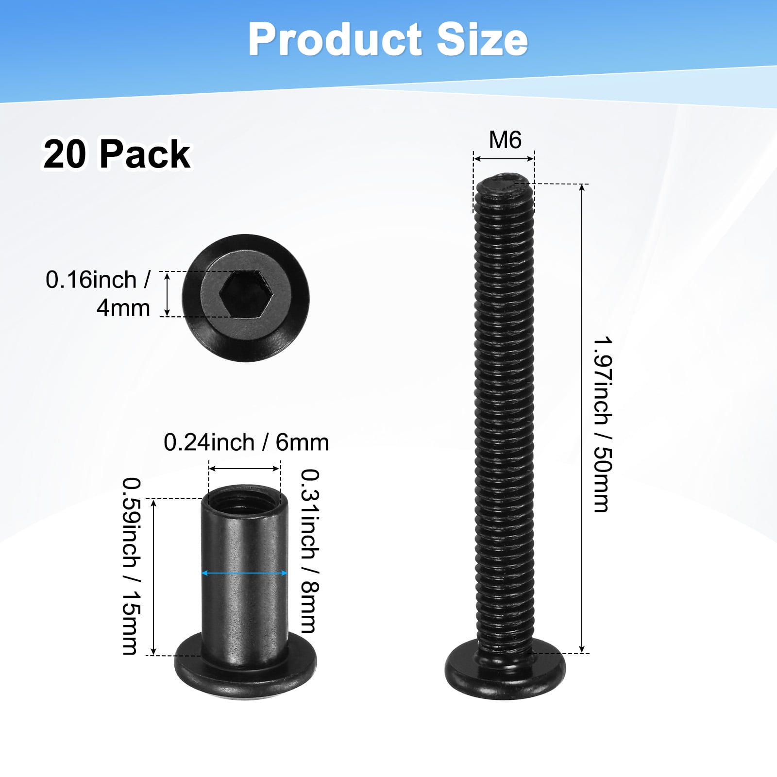 Uxcell 20-Pack Hex Drive Socket Cap Bolt M6 x 50mm Carbon Steel for Furniture