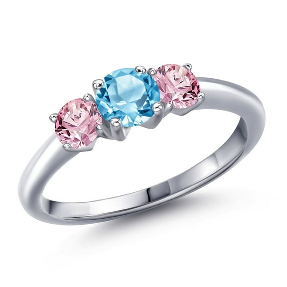 Gem Stone King 925 Sterling Silver Swiss Blue Topaz and Pink Lab Grown Diamond Engagement Ring for Women | 1.15 Cttw | Round 5MM | Gemstone November Birthstone | Size 5