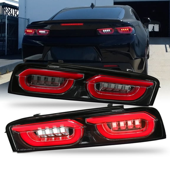 AKKON - Fits 2016-2018 Chevy Camaro LED Tube Running Signal Black Red Clear Tail Lights Pair w/Welcome Lamp Replacement