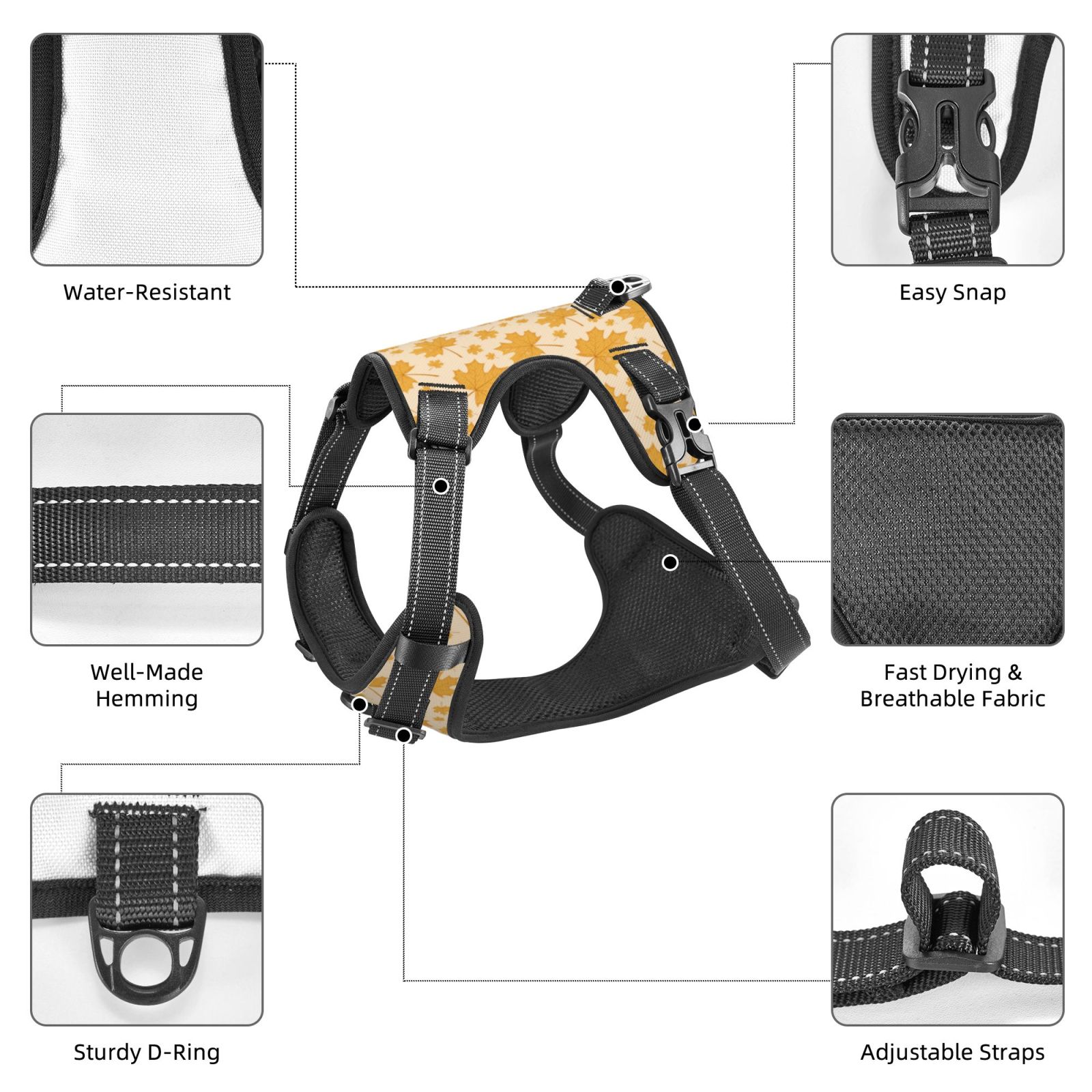 Fuzoiu Autumn Fall Yellow Leaves Print Reflective Dog Harness,Adjustable, Breathable Pet Vest,Dog Harness No Pull,No Choke Pet Vest for Small, Medium, and Large Dogs-Large