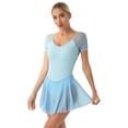 thumbnail image 2 of Oyolan Justaucorps de Ballet pour Femmes à Manches Courtes avec Jupe Robe de Danse de Ballet Justaucorps de Gymnastique Bleu Pâle S, 2 of 6