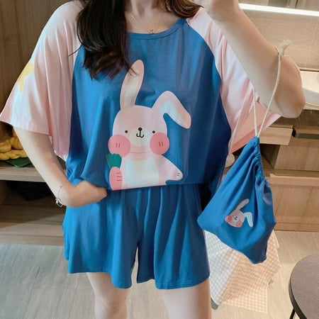 

DanceeMangoo Summer Sleepwear Modal Women Pajamas Short Sleeve Loose Version Cartoon Pullover Plus Size Pajama Set