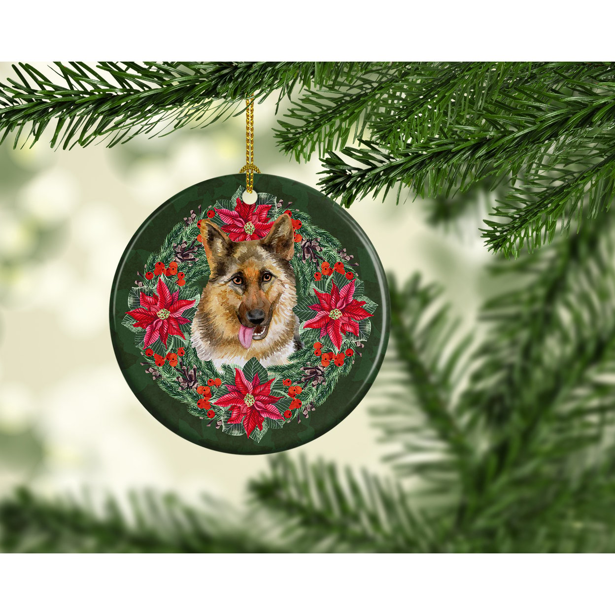 German Shepherd Poinsetta Wreath Ceramic Ornament 2.8 in x 2.8 in