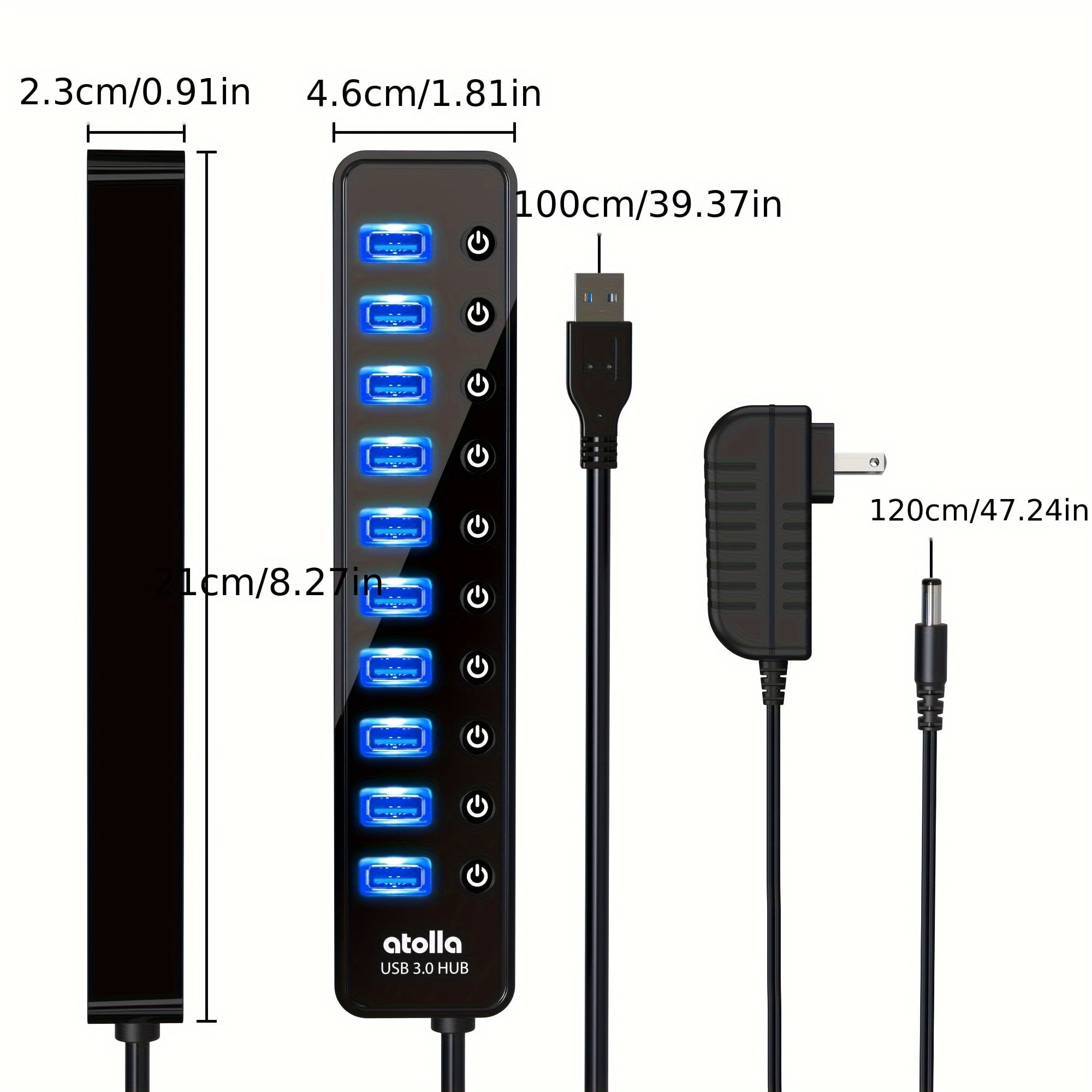USB 3.0 Hub, 10-Port USB Data Hub Splitter With Separate On/Off Switch And Power Adapter USB Extender For Mouse, Keyboard, Hard Drive Or More USB Devices