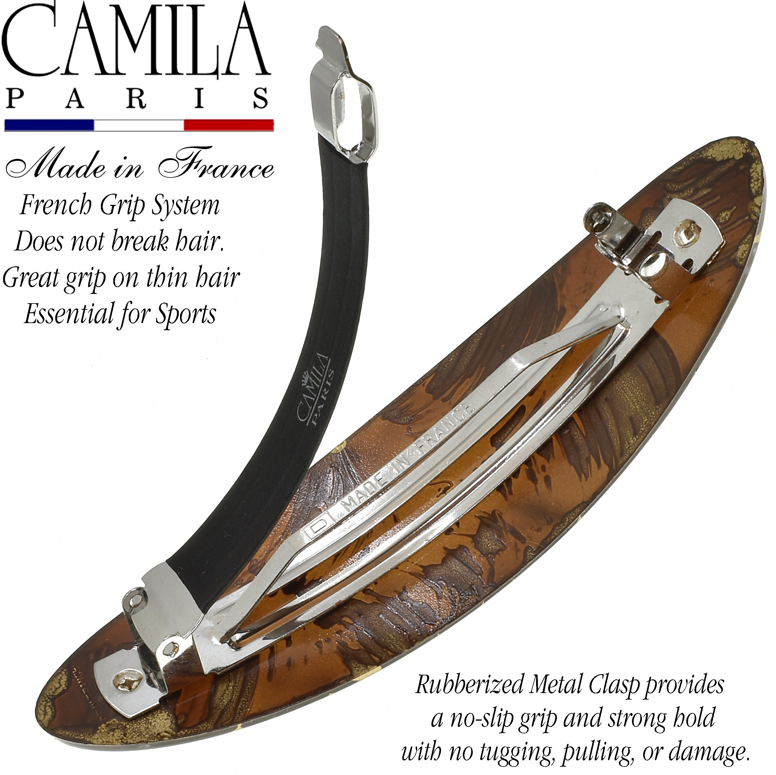 Camila Paris CP3872 French Hair Barrette Clip Oval, Strong Hold Grip Hair Clips for Women, No Slip Rubberized Metal Closure, Durable Styling Girls Hair Accessories, Made in France