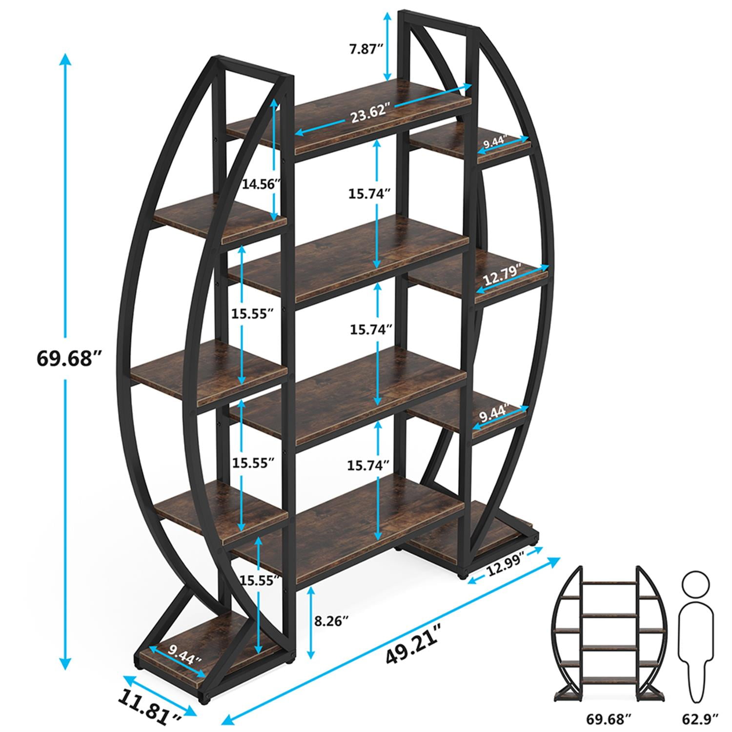 Demi Bonn 4 Tier Oval Bookshelf, Wood and Metal Bookcase Storage Organizer, Triple Wide Display Standing Shelf Unit for Bedroom, Living Room, Brown
