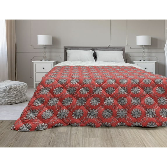 Mandala Down Alternative Comforter, Floral Swirls Leaves Lace Seem Hand Drawn Image Illustration, Microfiber Quilt for All Season, 5 Sizes, Scarlet White, by Ambesonne