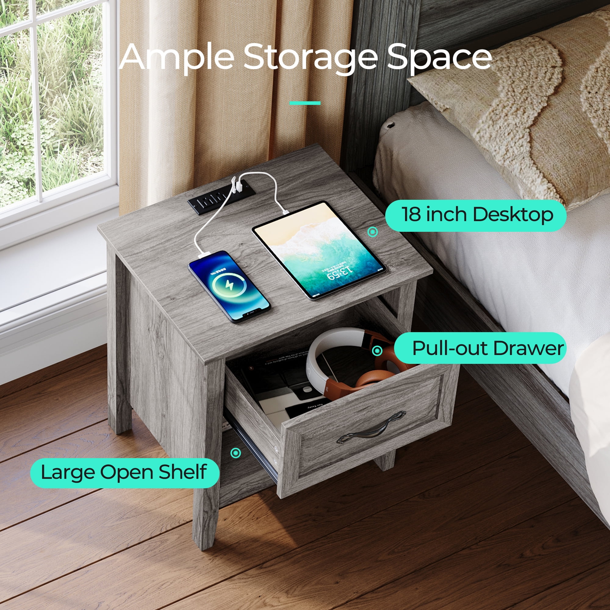 Linsy Home Nightstand for Bedroom set of 2 with Charging Station, Farmhouse End Tables for Living Room set of 2 with Drawer, Grey
