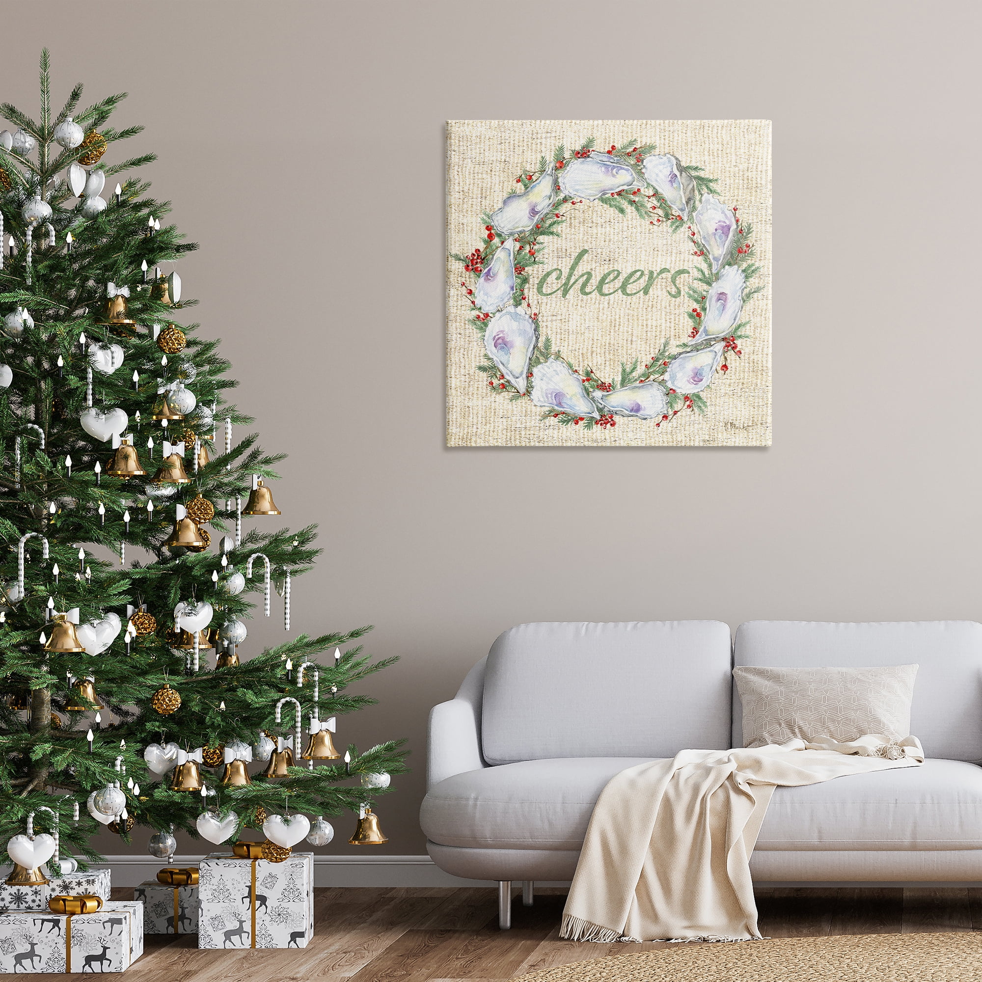 Stupell Industries Shells & Holly Wreath Holiday Painting Wrapped Canvas Art Print Wall Art, 36 x 36