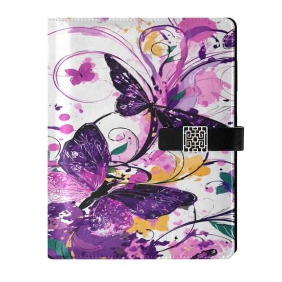 9.2x6.7 inch Leather Notebook 100 Sheets, Multi-Pocket Design & Pen Loop Purple Butterfly Refillable Journal Organizer