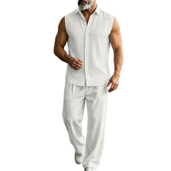StSilkitty Men's 2 Piece Outfits Solid Color Short Sleeve Button down Collared Shirts and Elastic Waist Pants Set Cotton Linen Casual Sets