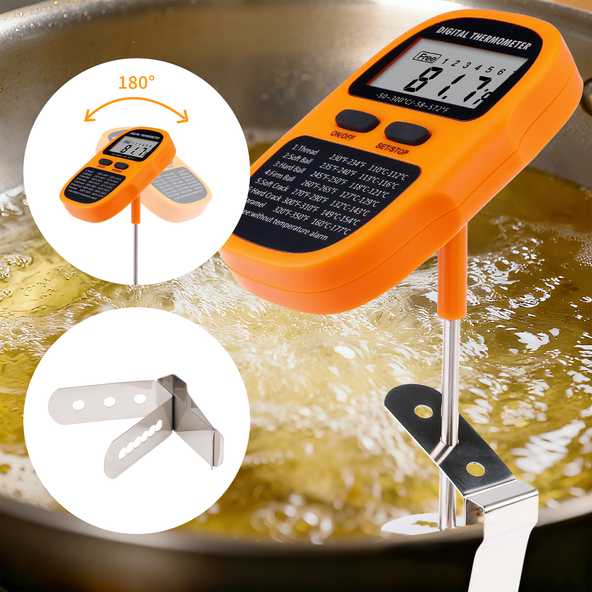 Digital Meat Thermometer, Instant Read Food Thermometer with Clip, Cooking Thermometer for Home and Kitchen, Outside, Smoker Orange 9.5in