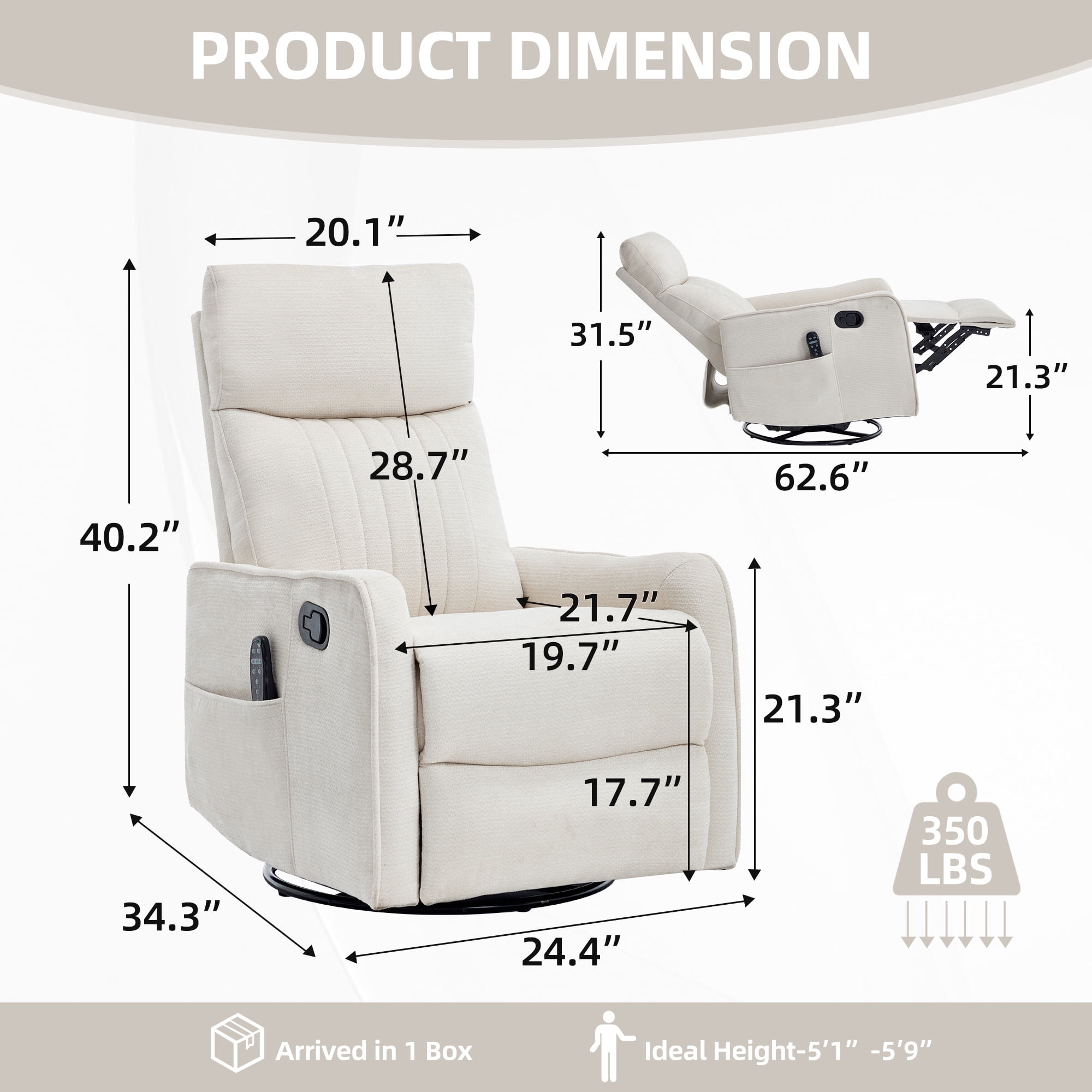 Gewnee Manual Recliner with 360°Swivel Rocker,8-Point Massage Recliner Chair with Heating,Comfy Single Sofa with Side Pockets for Living Room,Bedroom.Beige Chenille