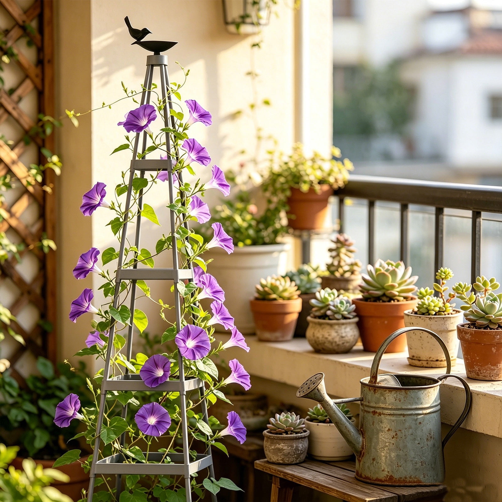Garden Trellis Plant Support, Gray Metal Climbing Frame with Bird Feeder for Vines, Tomatoes & Flowers