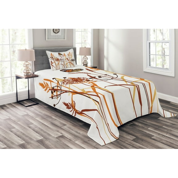 Ambesonne Butterfly Quilted Bedspread Set 2 Pcs, Composition with Leaves, Twin Size, Orange Burgundy White