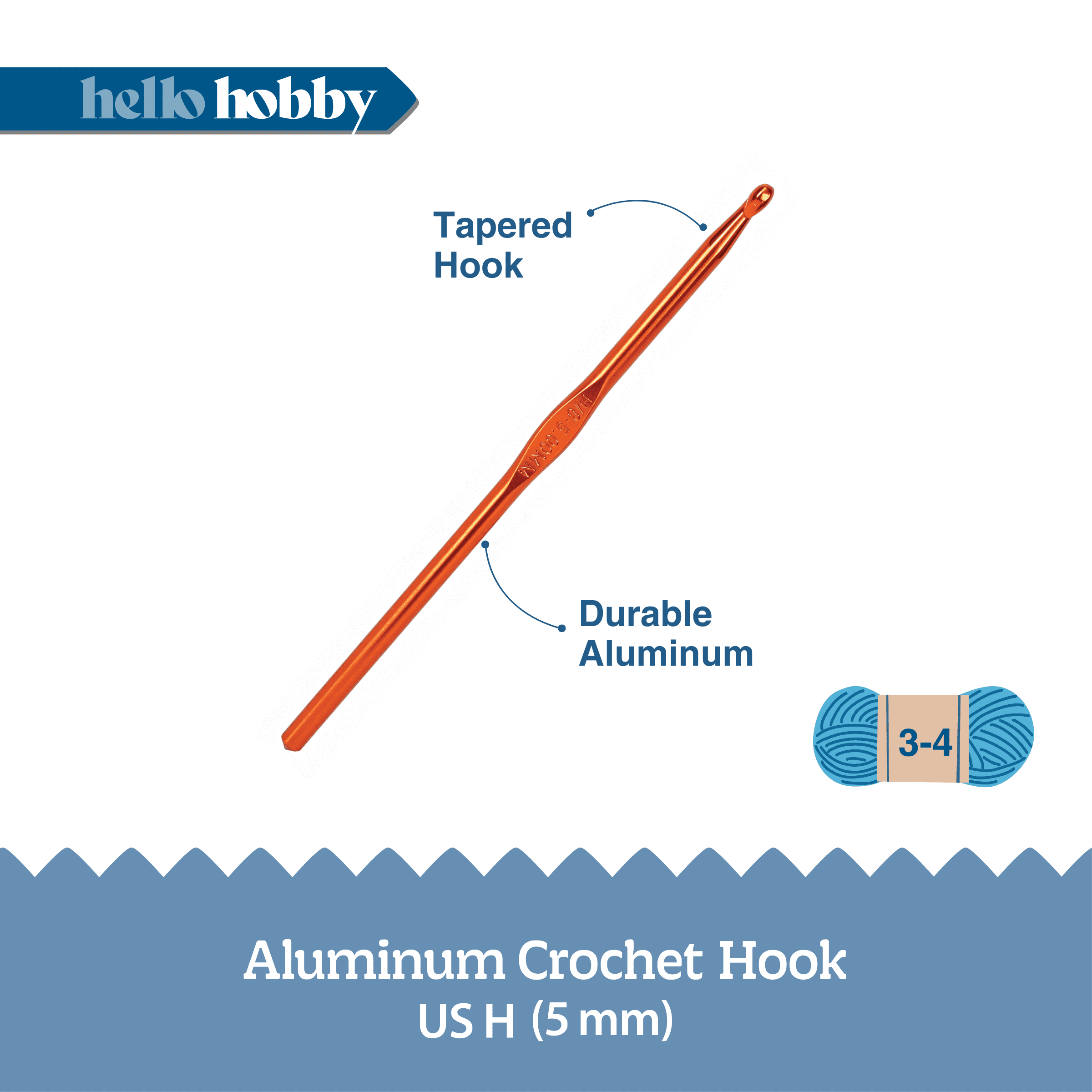Hello Hobby Aluminum Crochet Hook, Size H, 5 mm