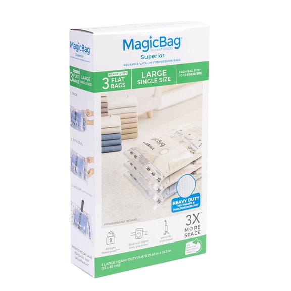 MagicBag Large Flat Vacuum Storage Bags for Closet Organization, 3 pack