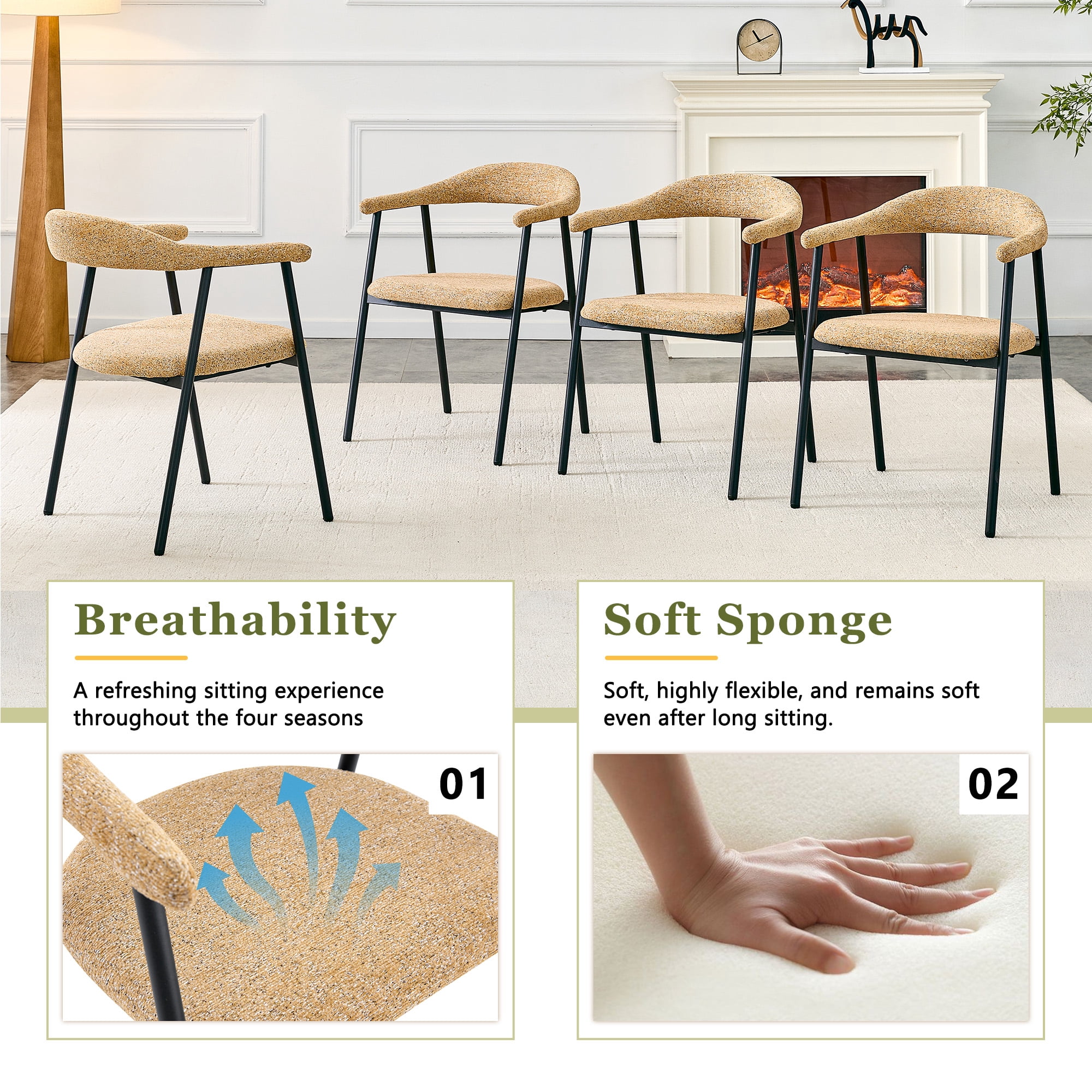 Leumius Dining Chairs Set of 4,Sofa Fabric Dining Room Chairs with Cushion Seat and Metal Legs,Modern Minimalist Style Kitchen Chairs for Kitchen Living Room,Easy Assembly,Light Khaki Fabric