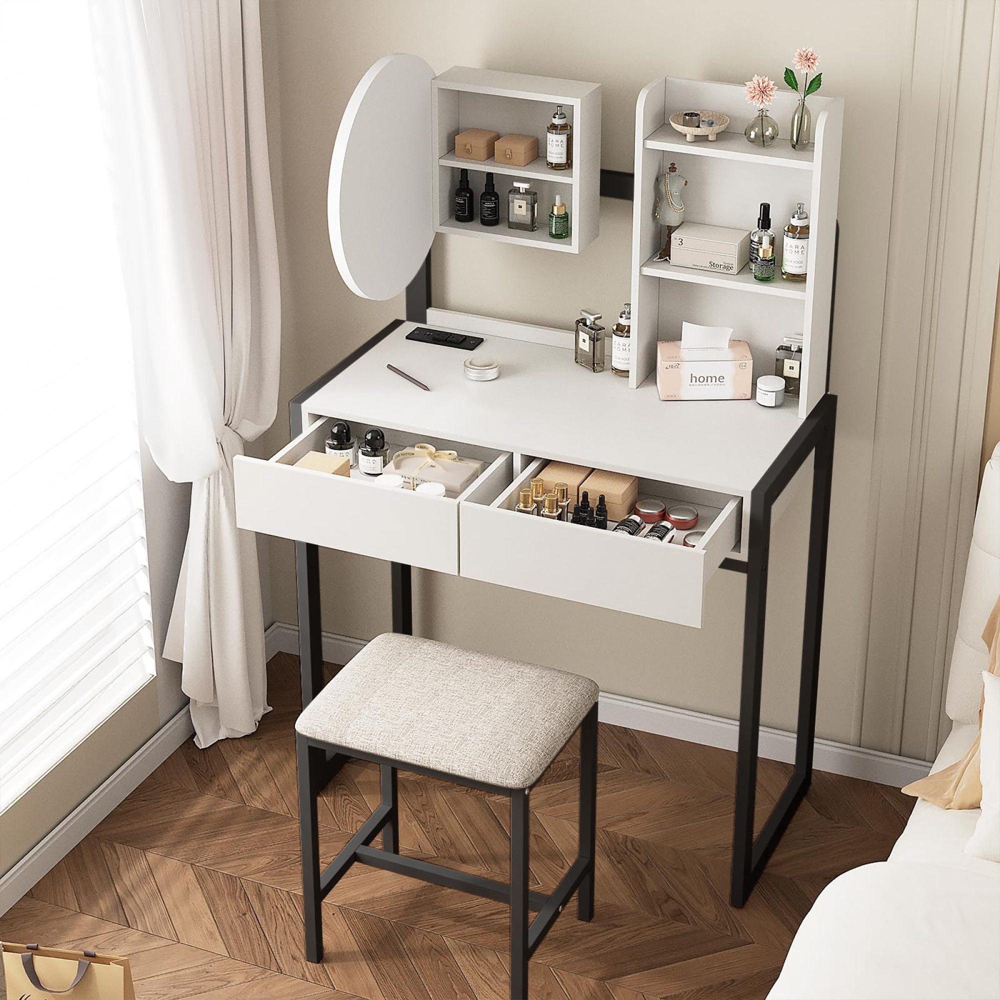 Leumius Small Vanity Desk with Mirror and Lights, Makeup Vanity Table with LED Mirror, 3 Lighting Modes, Power Outlet, Drawer, Open Shelves and Cushioned Stool for Bedroom (White and Black)