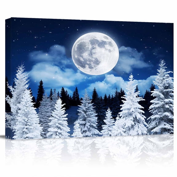 Winter Moon Canvas Print Wall Art Starry Night Snowy Forest Landscapes Pictures Painting Morden Artwork for Living Room Bedroom, Ready to Hang - 12"x16"