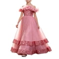 thumbnail image 4 of LEKWK Girls Sparkly Princess Dress Sequin Ruffles Sleeve Tulle Ball Gown Off Shoulder Tiered Pageant Dresses for Birthday Party Stage Performance Costume, 4 of 9