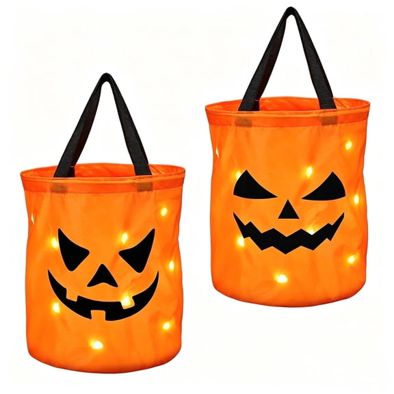 Fdyrgv 2 Pcs Light Up Halloween Trick or Treat Bucket, LED Glowing Pumpkin Candy Bucket for Kids, 12x10 inch Reusable Collapsible Halloween Treat Bags, Orange Halloween Party Goodie Bags
