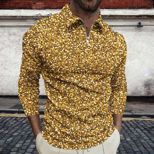 Blusa y camisa de manga larga con cuello vuelto para hombre, jersey de solapa de manga larga con cremallera, blusa informal con estampado BlingBling a la moda para hombre, poliéster