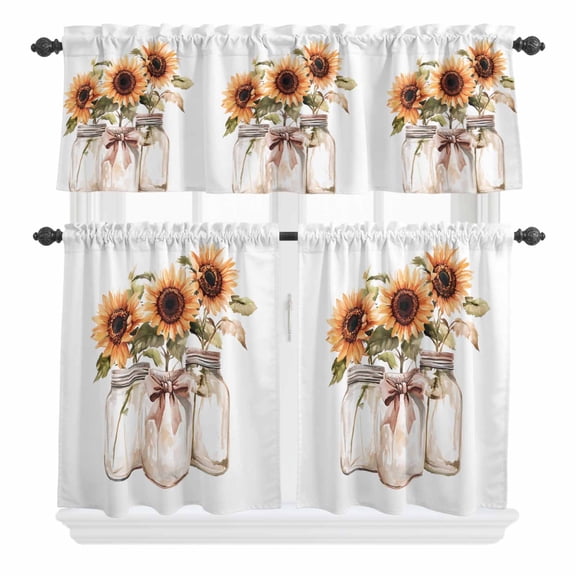 3 Piece Kitchen Curtains and Valances Set Summer Floral Cafe Curtains 24 Inch Length Vintage Spring Watercolor Sunflowers in Vase Valance & Tier Curtain for Living Room Bedroom 54"x18" 27"x24"*2
