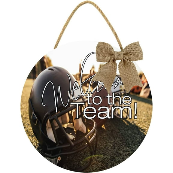 Eveokoki 12" Football Sign Welcome To The Football Team Round Hanging Sign Football Wooden Door Sign Door Hanger,Wood Hanging Decoration
