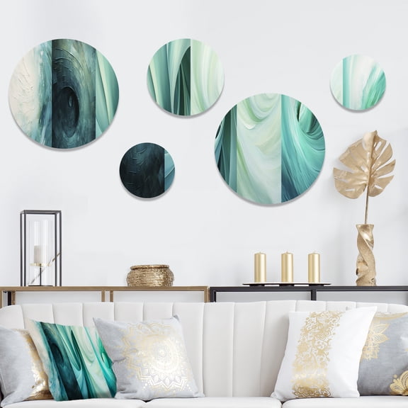 Designart "Spiraling Tranquil Teal Twist" Abstract Spirals Round Wall Art Set Of 5 - Blue Modern Hallway Metal Art Print Set